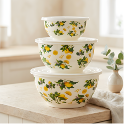 Lemon Pattern Metal Tupperware Set - 3 Pcs